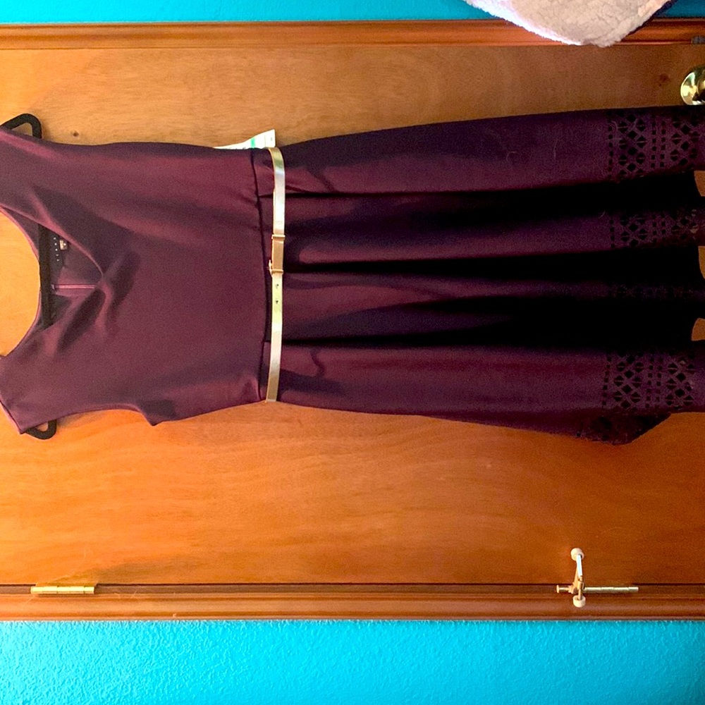 Dress- sleeveless eggplant with gold belt knee length